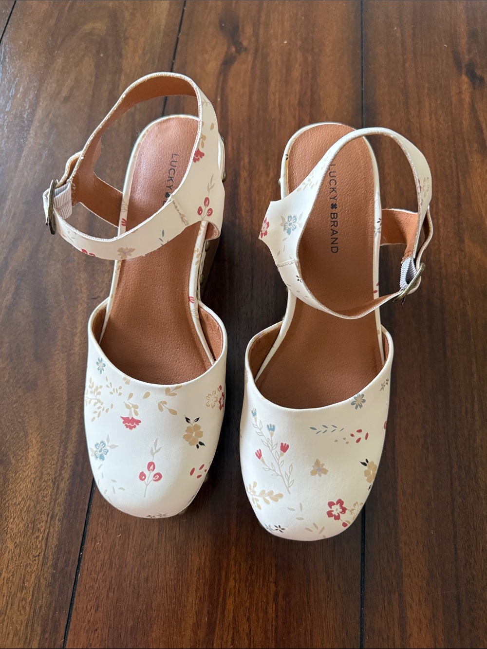 Lucky Brand Zanzamini Cream Floral Slingback Mules with Platform Wedges Size 8